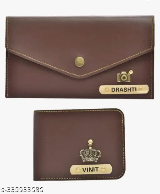 Brown PU customized men-and-women's wallet-clutch combo with 2 compartments and free size