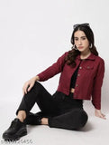 Maroon denim women's jacket, solid pattern, long sleeves, size S (34in bust, 20in length)