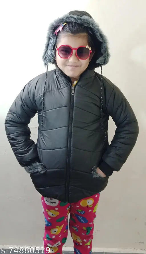 Black puffy winter coat for girls, hooded, button closure