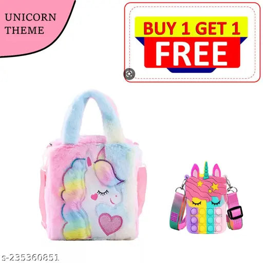 Pink unicorn fur sling bag with pop top and shoulder crossbody, fashionable high-quality material, for kids and women