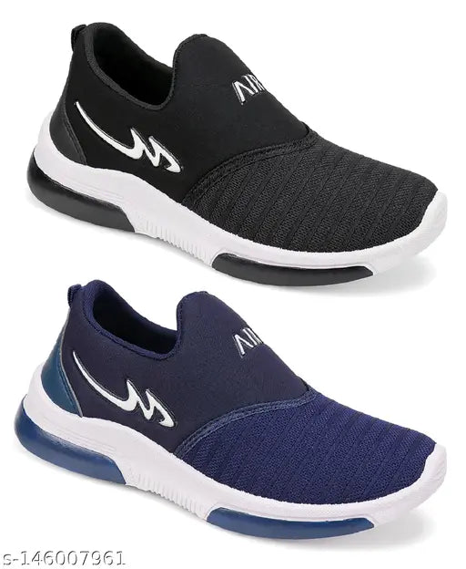 Black and white athletic kids' running shoes with checkmark design on sole
