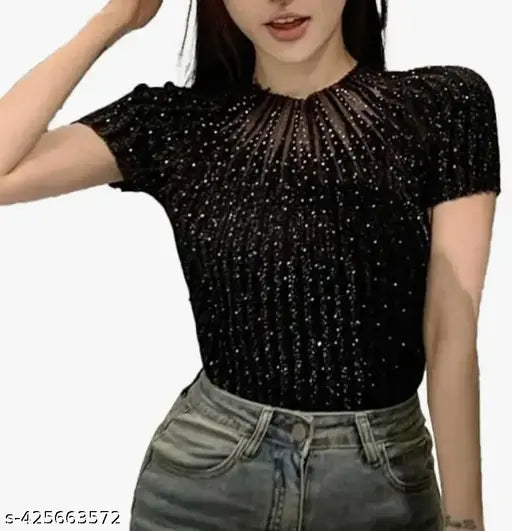 Beautiful, embellished mesh crop top with rhinestones, trendy women's fashion knitwear in free size, India origin