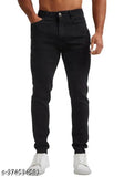 Men's black stretchable denim jeans, slim fit, solid pattern, available in sizes 26, 28, 30, and 32