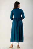 Dark blue rayon women's long flared partywear kurta, fully embroidered