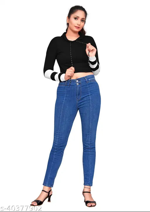 Stylish printed cotton hoodie crop top, long sleeves, round neck, machine/hand wash, available in sizes S-L and free size