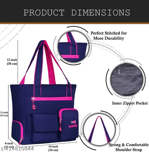 Navy blue cotton shoulder bag with multiple compartments and a zip closure, designed for office and college use