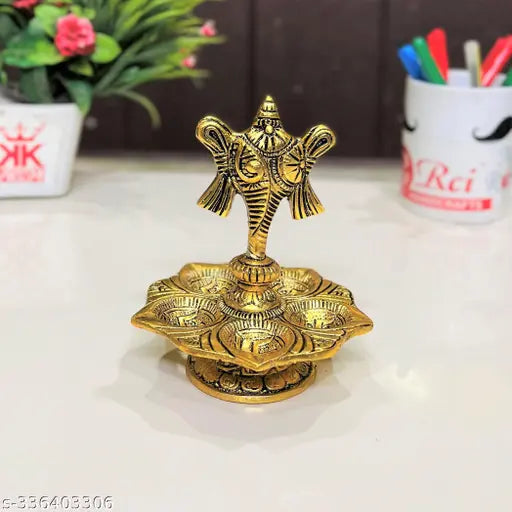 Metal Tirupati Balaji Panch Mukhi Diya, 12.5-inch height Aluminium table diya on Shanku stand