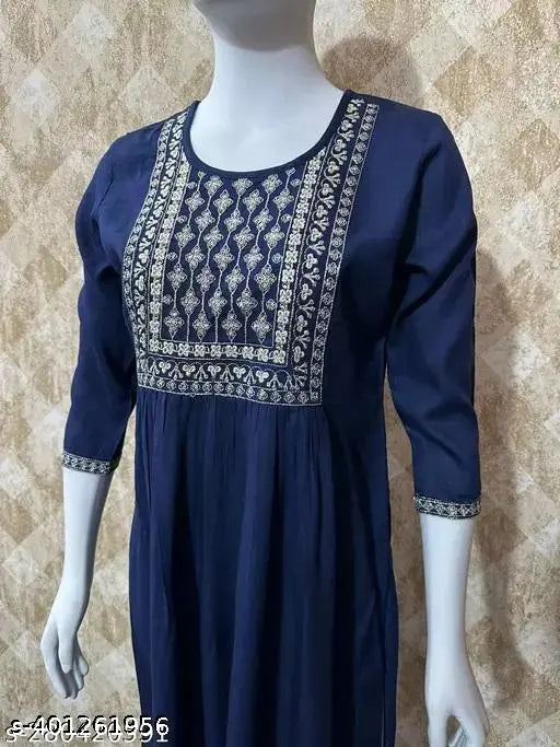 Elegant rayon kurti with embroidery, three-quarter sleeves - Indian traditional fashion