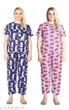 Stylish printed polyester payjama set for women, featuring short sleeves and round neck top with matching bottoms, available in sizes S and M