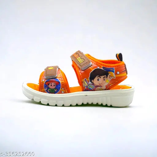 Orange sandals for kids featuring Chhota Bahubali design and a Velcro closure
