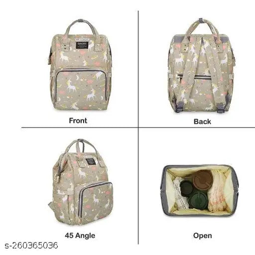 Polyurethane diaper bag with 3-layered protection for maternity travel. Waterproof and BPA free, features 13 pockets, 3 insulated milk bottle holders, anti-theft pocket, key chain clip, D-rings, cushioned back straps, and adjustable 3-way carrying options. Lightweight yet durable with care instructions for hand wiping with a damp cloth using mild cleanser (no ironing). India origin