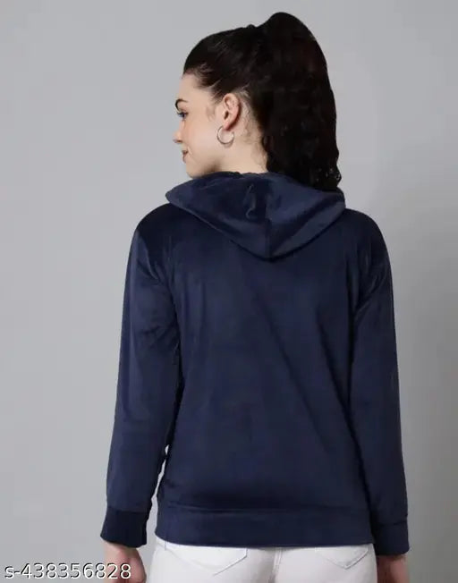 Navy Blue Velvet Chain Hoodie for Girls - Stylish women's crop zipper hoodie from India