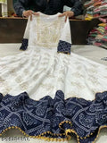 Blue and white patterned kameez with lace trim