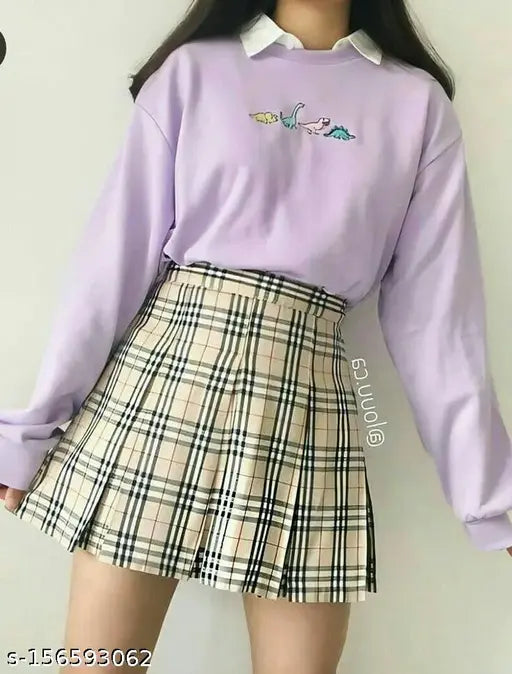Purple pleated skirt with a plaid waistband, high waist design