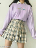 Purple pleated skirt with a plaid waistband, high waist design