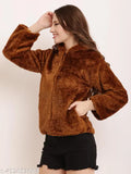 Women's black fleece fur jacket, soft and cozy winter wear with long sleeves