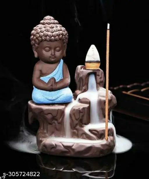 Blue Buddha & Ganesh Ji Idol with 10 smoke cones, 12cm tall, multicolor polyresin decor showpiece