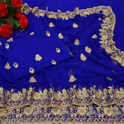 Blue party saree with floral embroidery and lace border