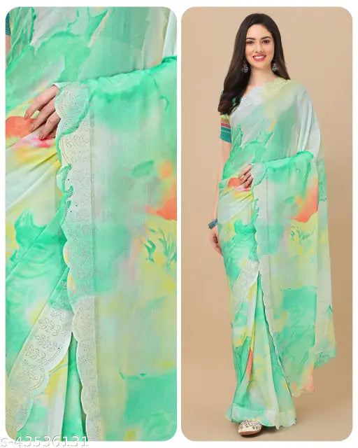Trendy Linen saree with vibrant prints and matching blouse