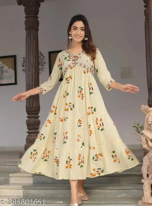 Rayon Baisa printed Anarkali kurta, Indian women's fashion with short sleeves and embroidery detail