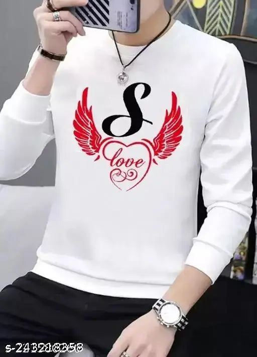 White polyester long sleeve alphabetic print t-shirt for men, typography design on chest