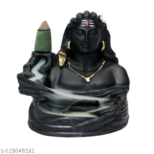 Black ceramic smoke fountain with figure of Khushi Adiyogi, gold accents