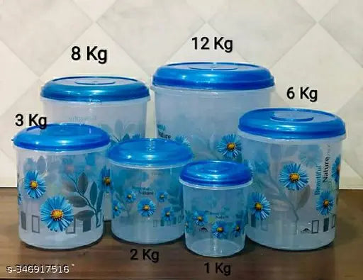 Veksin six-piece plastic printed container set with blue color in different weights: 12kg, 8kg, 6kg, 3kg, 2kg and 1kg. Grocery containers featuring a beautiful design