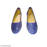 Blue synthetic bellies and ballerinas flat heels for women's everyday use - embellished, comfortable, versatile footwear for school, college, wedding, or party events. Made in India, 100% pure synthetic material