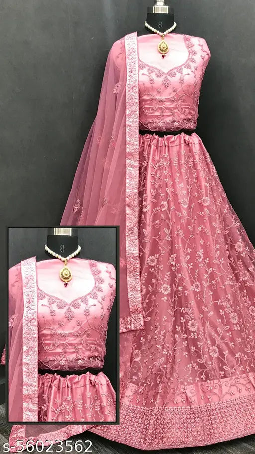 Pink Zari-work net lehenga choli set with dupatta and semi-stitched blouse, featuring embroidered designs. Great for regular occasions and festivals