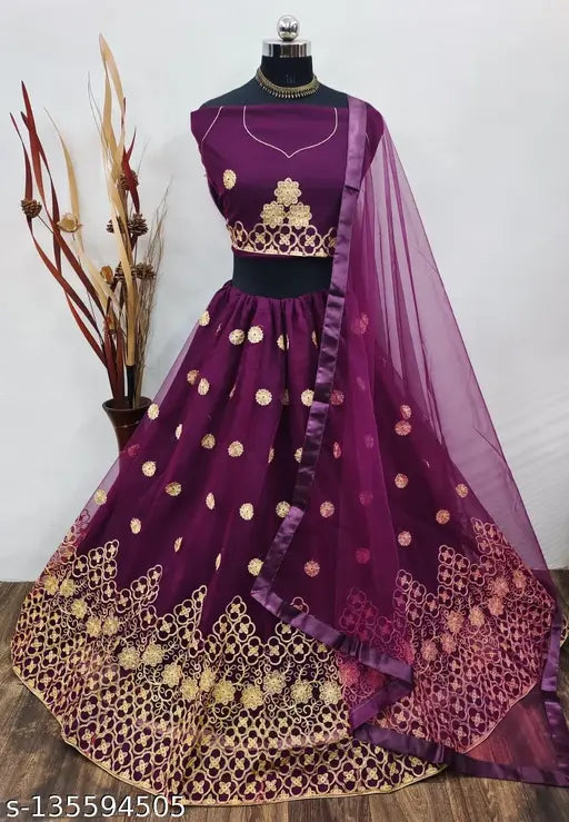 Embroidered net lehenga set with choli and dupatta, free size, Indian embellished bridal wear under 399