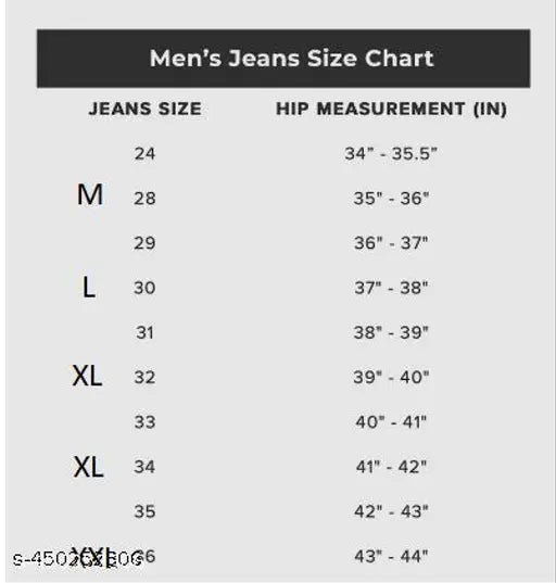 Black jeans size chart men's measurements hip waist thigh inseam