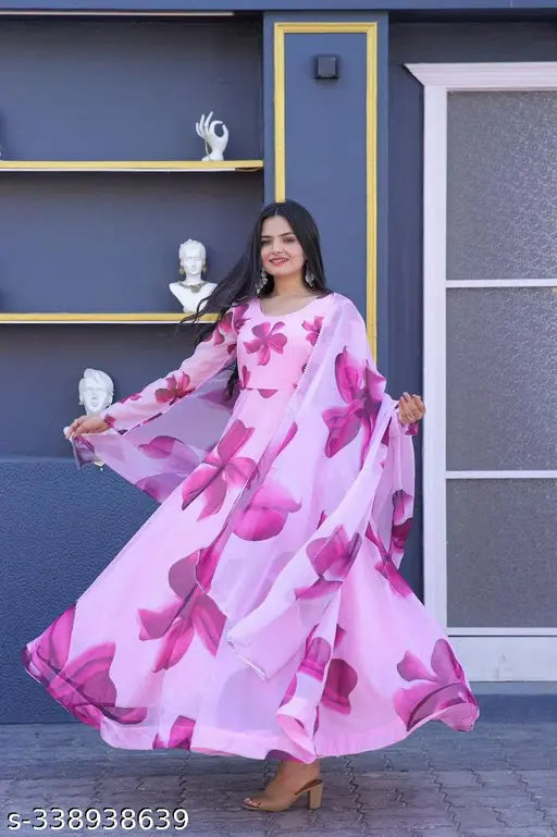 Pink floral kameez with long sleeves and embroidered waist