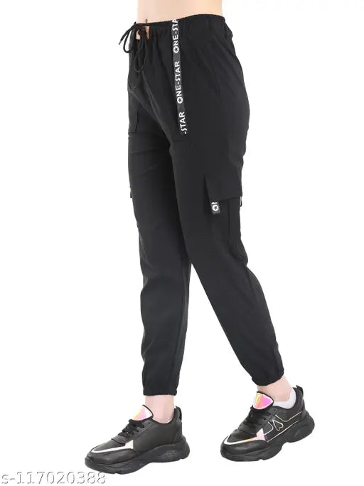Black, cotton, women's cargo trousers with side pockets