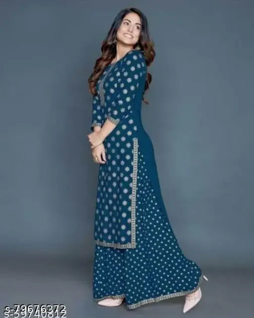 Cotton Kurta Plazo Set with printed net fabric, three-quarter sleeves - ideal for daily wear, India origin