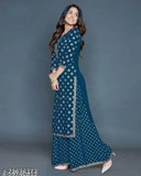 Cotton Kurta Plazo Set with printed net fabric, three-quarter sleeves - ideal for daily wear, India origin