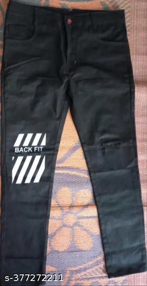 Men's designer denim knee-cut jeans, solid black, sizes 28-36 and extended sizes 28-32 with longer length and larger hip size (India origin)