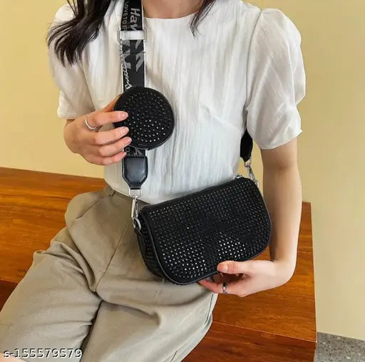 Black PU rhinestone decor square bag with coin purse, ideal for women and girls. Embellished, glamorous, adjustable strap