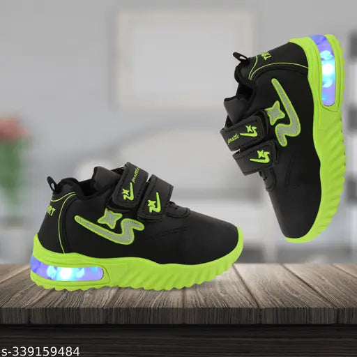 Green and black LED casual shoes with Velcro closures, lightweight design suitable for outdoor sports or little kids