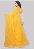 Golden satin Banarasi saree with heavy embroidery, velvet running blouse, India origin