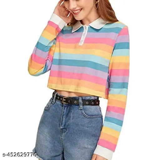 Medium rainbow-striped long-sleeve crop top in Lycra for teen girls, vibrant stripe pattern