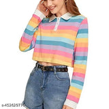 TEEN GIRLS RAINBOW STRIPED LONG SLEEVE CROP TOP - MEDIUM