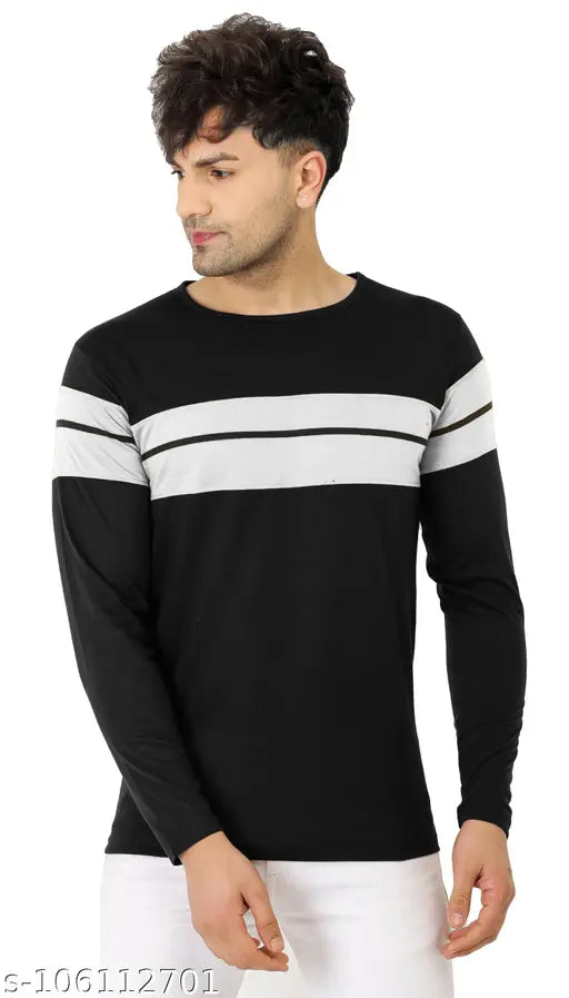 Black, white, and orange striped long sleeved round neck t-shirt men's