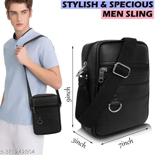 Bellira men's stylish massenger bag, black leather with adjustable strap, features several pockets and compartments, suitable for daily use or travel