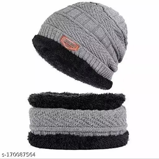 Woolen fur cap set (Unisex, snow-proof, soft knit hat & neck warmer combo for men/boys in free size)