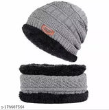 Woolen fur cap set (Unisex, snow-proof, soft knit hat & neck warmer combo for men/boys in free size)