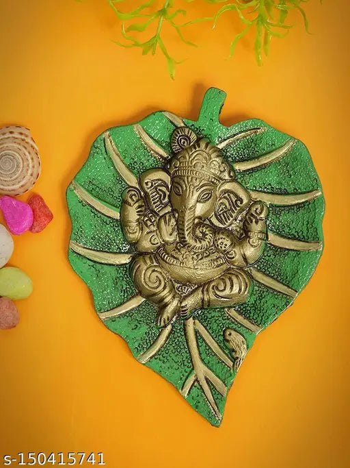 Metal golden Ganesha leaf wall hanging, 7 inch size, green color, feng shui, vastu sculpture art figurine for home entrance