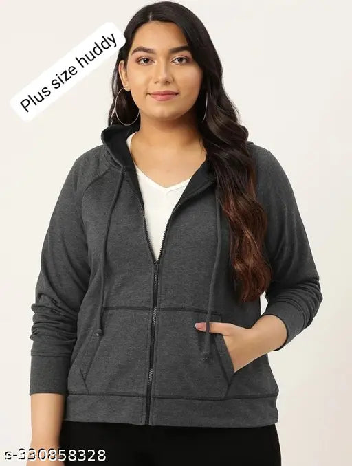 Dark grey fleece plus size zipper hoody for women, stylish and comfortable jacket