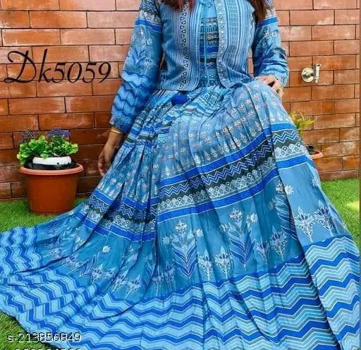 Aqua Blue Anarkali Long Kurta with Stylish Jacket, Plus Size/Big Size Rayon, Three-Quarter Sleeves