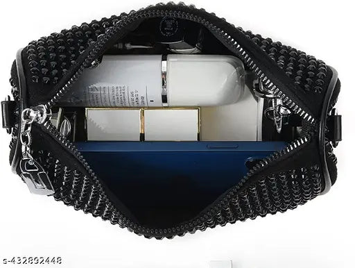 Black rhinestone sling bag with detachable crossbody straps, coin pouch, wide shoulder strap