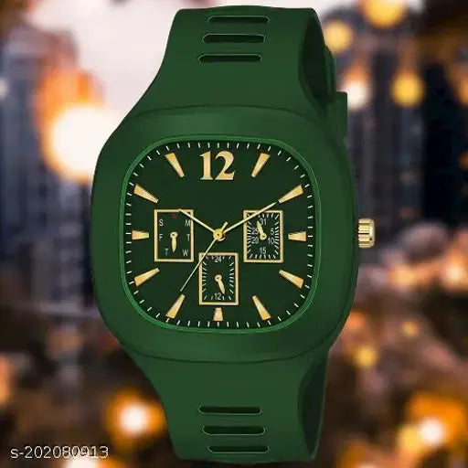 Square sports watch with black strap, white face, green accents